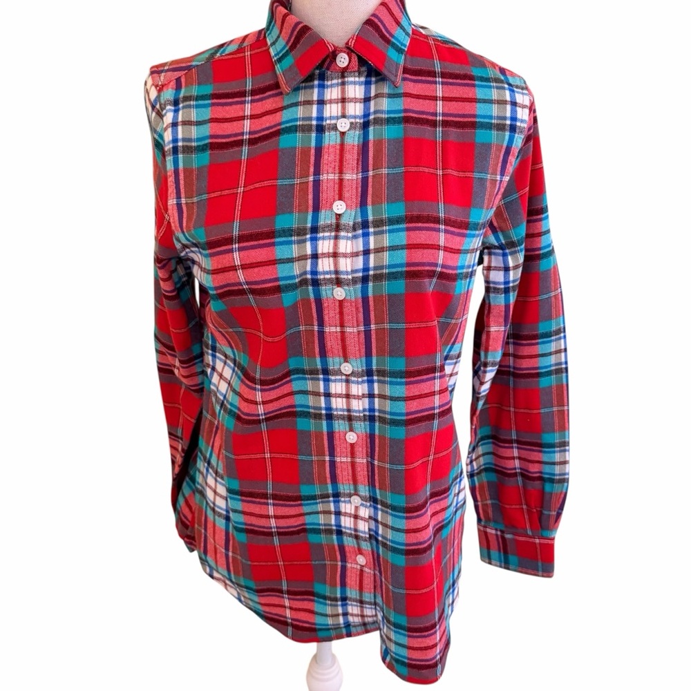 Lands' End Red/Green/White Cotton Flannel Button Down Shirt 4